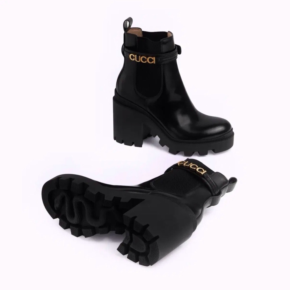 Gucci Women’s Chelsea Leather Lug Boot w/ Gold Logo Strap Size-US 9/EUR 39 NIB - Picture 4 of 17